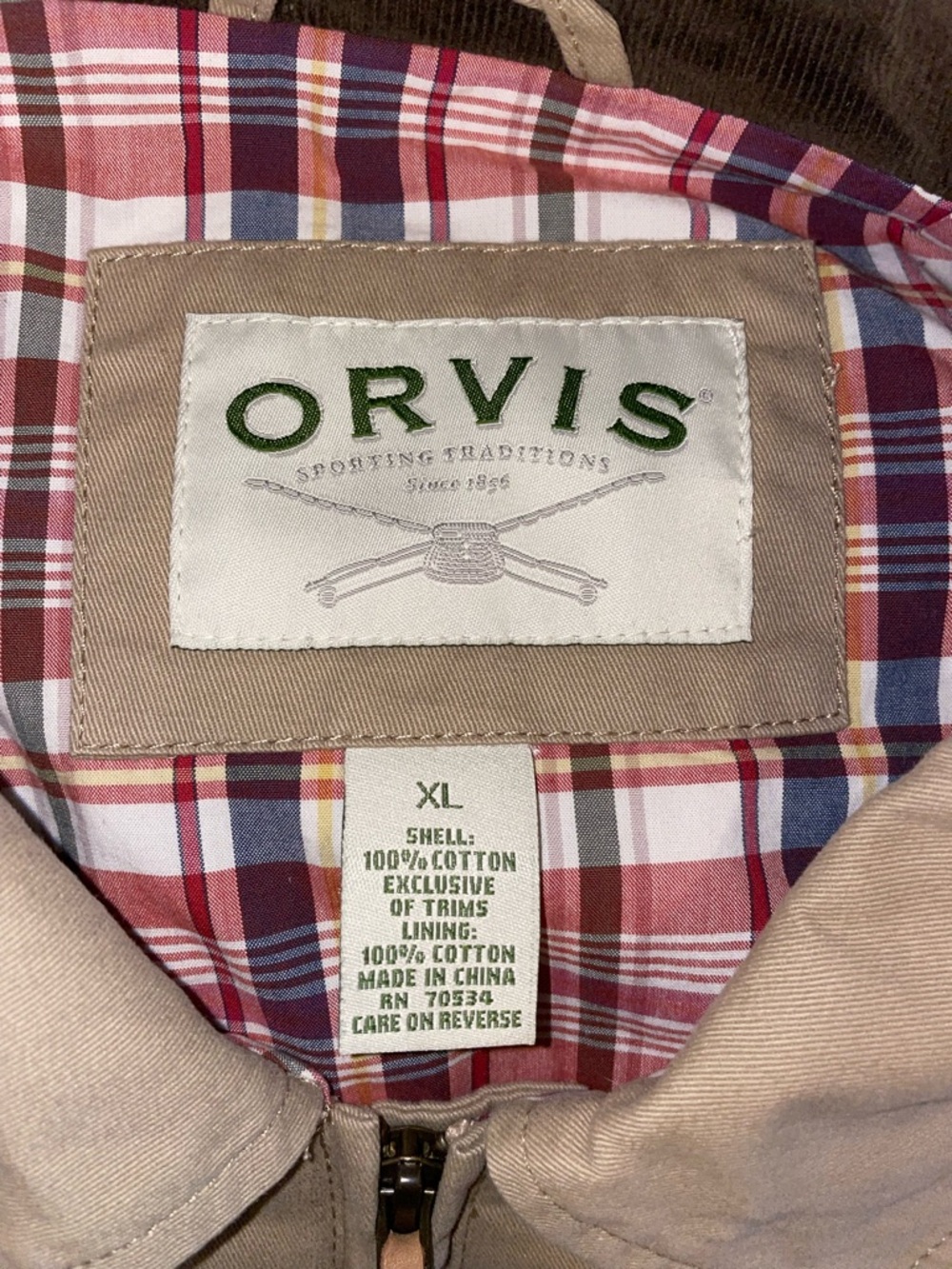 Orvis Tan Cotton Jacket with Red & Navy Plaid Lining - Picture 6 of 13